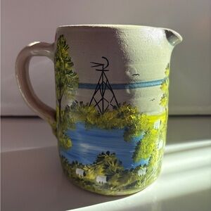Beautiful Hand-Painted Pottery Pitcher Handmade Farmhouse Cottage Vase